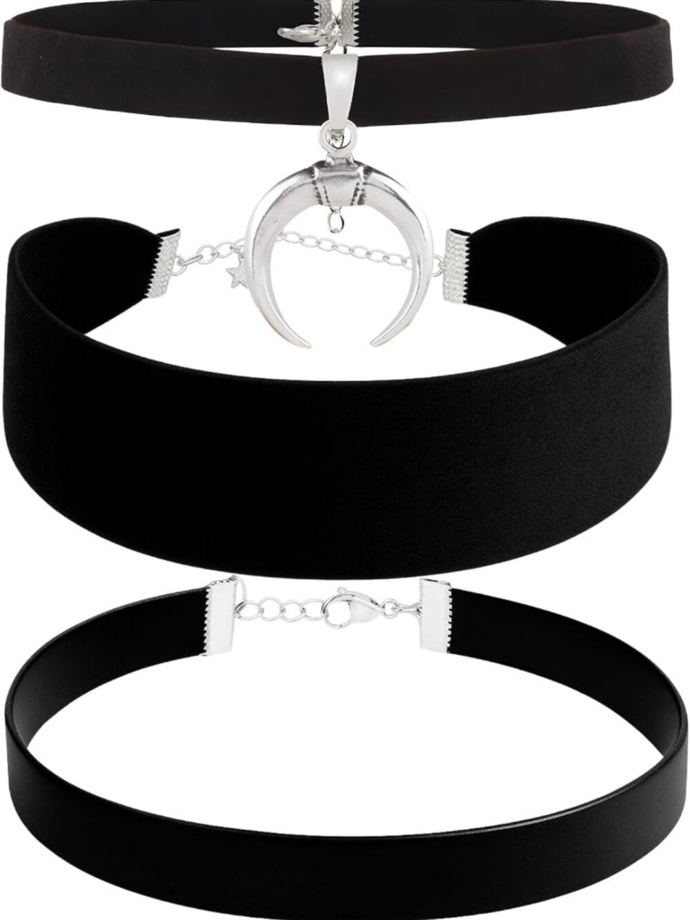 Set of 3 Black Choker Necklaces | Thick Velvet & Leather Moon Pendant Jewelry